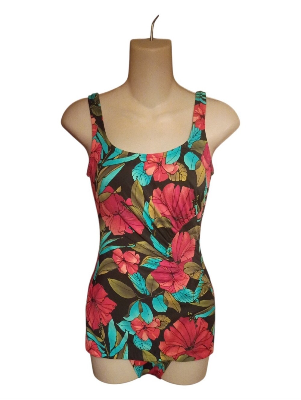 Floral Scoop Neck One-Piece Swimsuit in Black with Deep Orange & Teal Florals